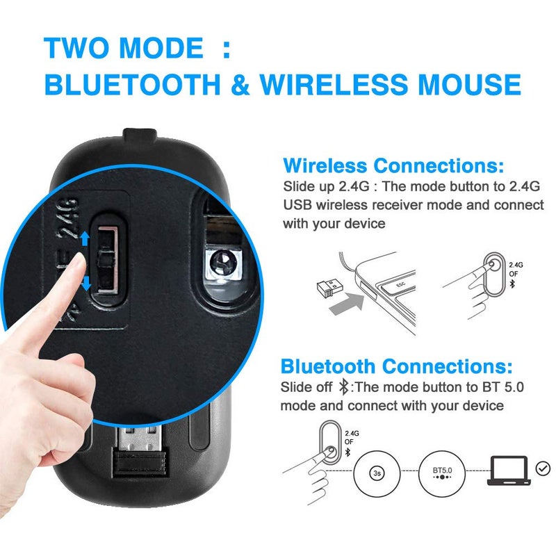 MMK Wireless Bluetooth Mouse for Laptop, Rechargeable Mouse 2.4G USB Optical Wireless Mouse, LED Slim Dual Mode(Bluetooth 5.0 and 2.4G) Wireless Device for Laptop, PC, Mac OS, Android, Windows Champagne - Image 3